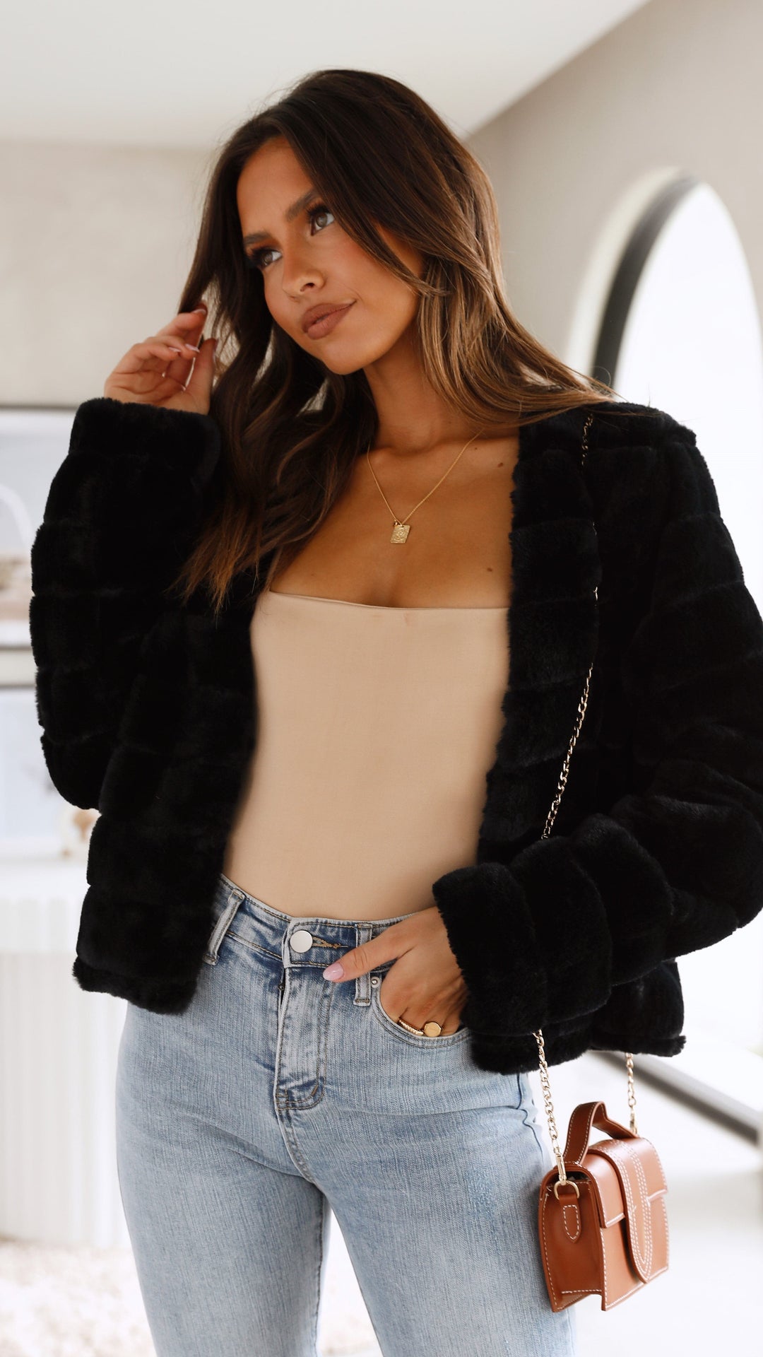 Women’s Crop Jacket - Faux Fur - Quilted Open Front - Structured Fit Cozy Layer