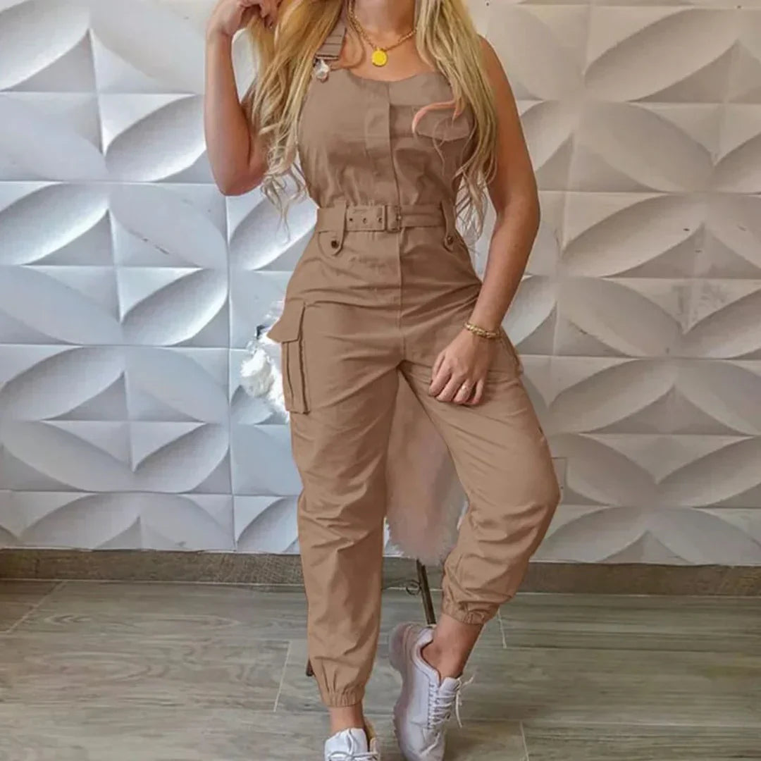 Women’s Jumpsuit – Tailored Fit – Sleeveless – Belted Waist – Cargo Style – Tapered Leg
