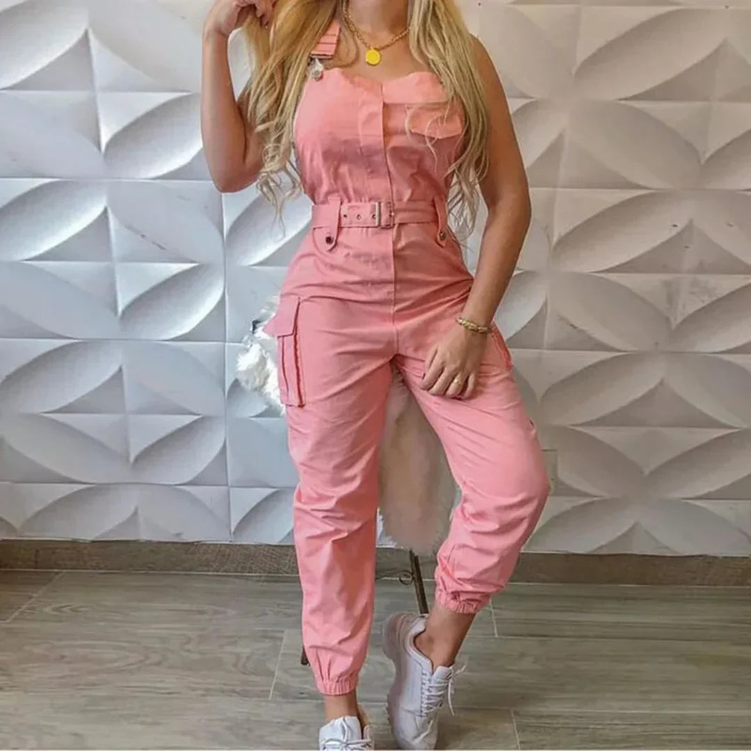 Women’s Jumpsuit – Tailored Fit – Sleeveless – Belted Waist – Cargo Style – Tapered Leg