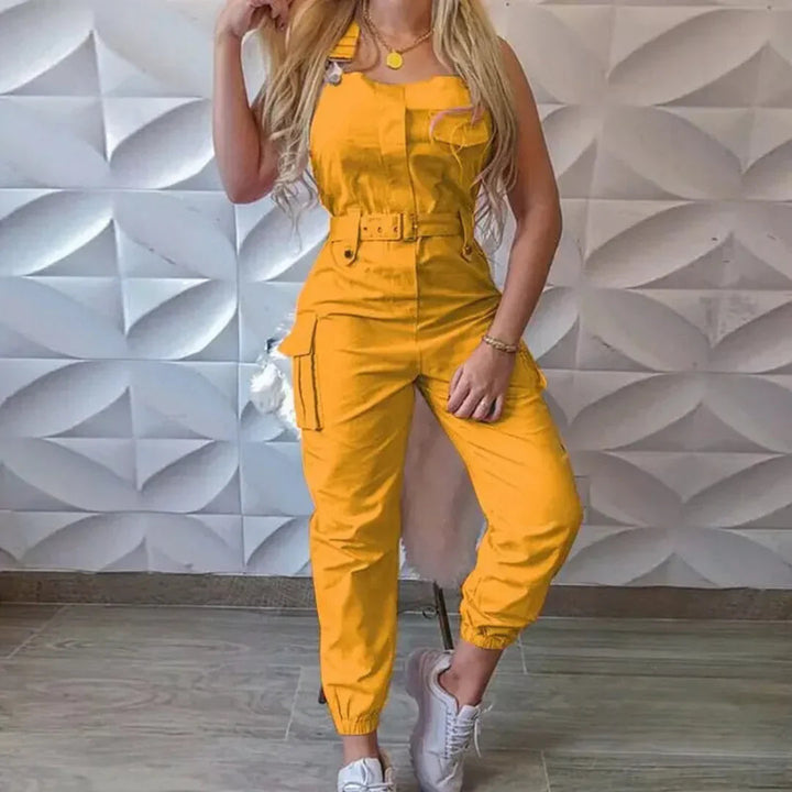 Women’s Jumpsuit – Tailored Fit – Sleeveless – Belted Waist – Cargo Style – Tapered Leg