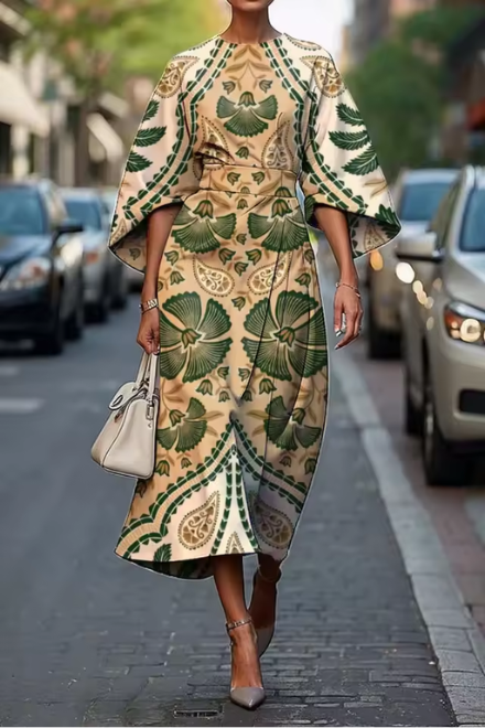Women’s Midi Dress - A-Line Silhouette - Geometric Pattern - Elbow Sleeve