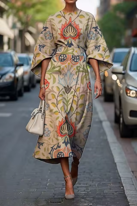 Women’s Midi Dress - A-Line Silhouette - Geometric Pattern - Elbow Sleeve