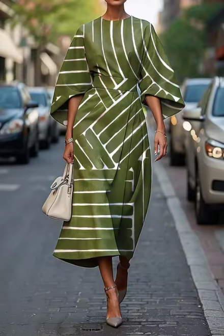 Women’s Midi Dress - A-Line Silhouette - Geometric Pattern - Elbow Sleeve
