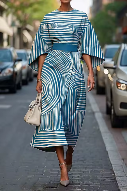 Women’s Midi Dress - A-Line Silhouette - Geometric Pattern - Elbow Sleeve