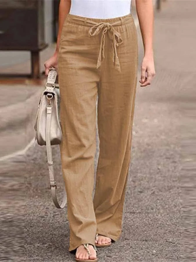 Women’s Wide-Leg Trousers – High Waist – Breathable Blend – Fabric Belt – Full Length