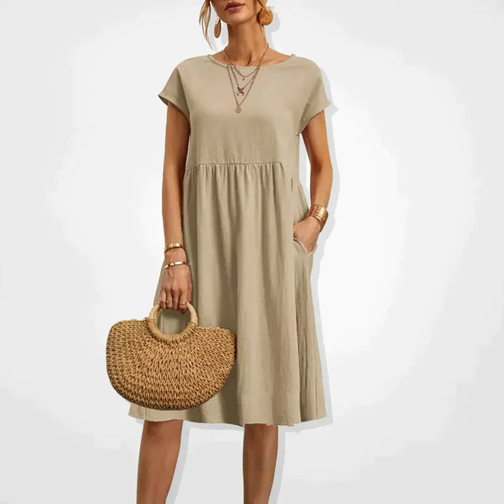 Women's Short-Sleeve Dress - Relaxed Fit - Empire Waist - Lightweight with Pockets