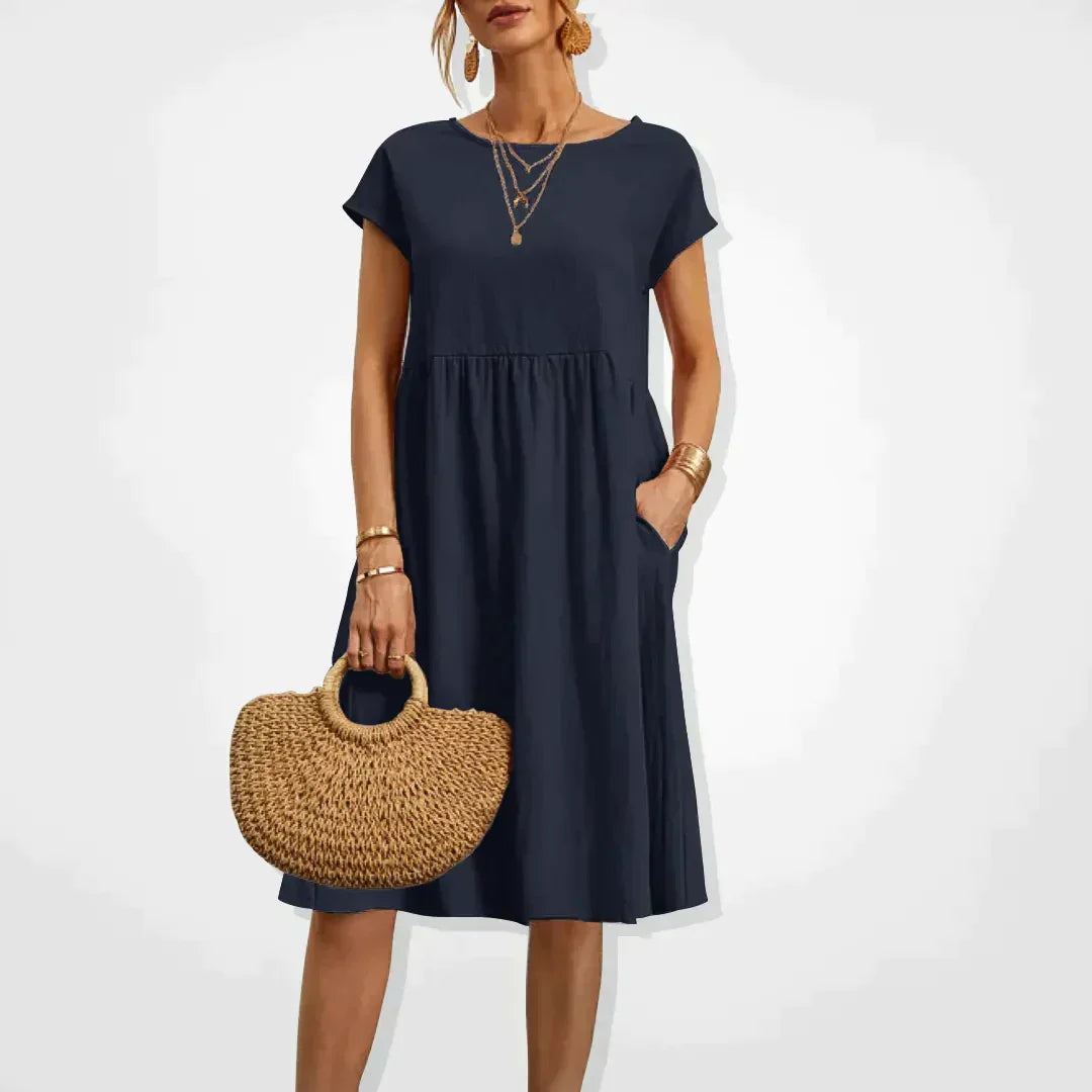 Women's Short-Sleeve Dress - Relaxed Fit - Empire Waist - Lightweight with Pockets