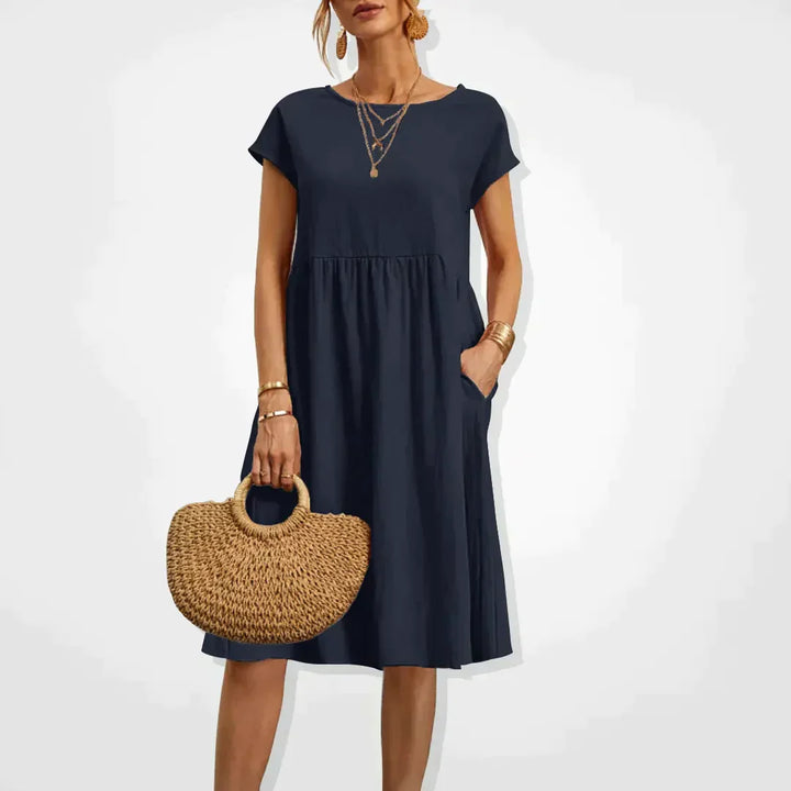 Women's Short-Sleeve Dress - Relaxed Fit - Empire Waist - Lightweight with Pockets