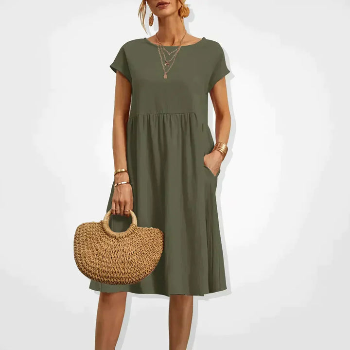 Women's Short-Sleeve Dress - Relaxed Fit - Empire Waist - Lightweight with Pockets