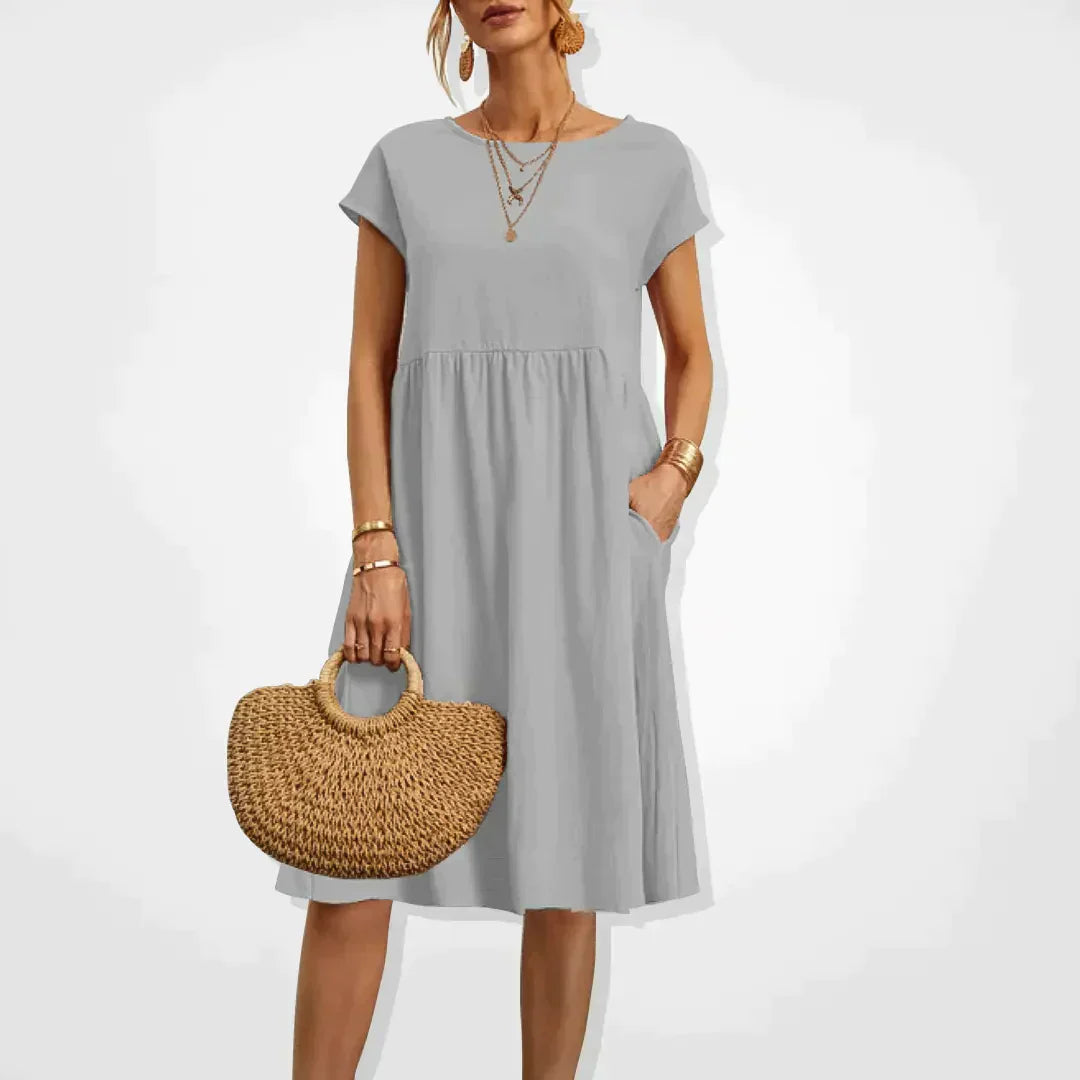 Women's Short-Sleeve Dress - Relaxed Fit - Empire Waist - Lightweight with Pockets