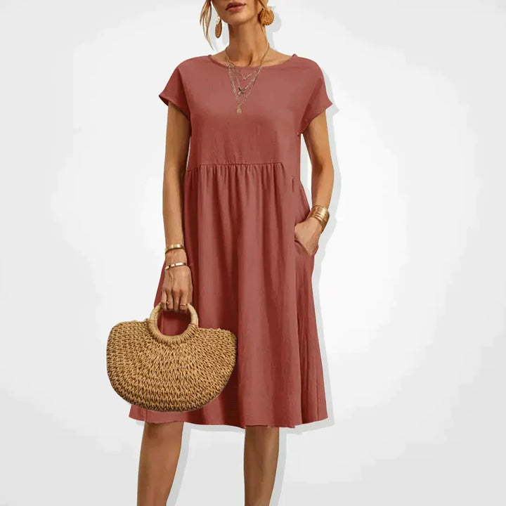 Women's Short-Sleeve Dress - Relaxed Fit - Empire Waist - Lightweight with Pockets