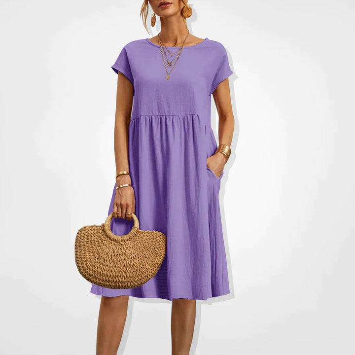 Women's Short-Sleeve Dress - Relaxed Fit - Empire Waist - Lightweight with Pockets