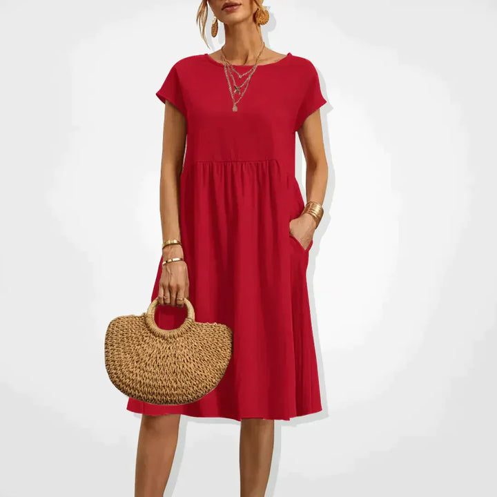 Women's Short-Sleeve Dress - Relaxed Fit - Empire Waist - Lightweight with Pockets