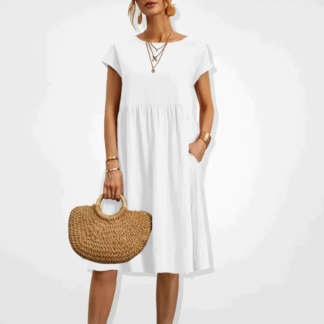 Women's Short-Sleeve Dress - Relaxed Fit - Empire Waist - Lightweight with Pockets