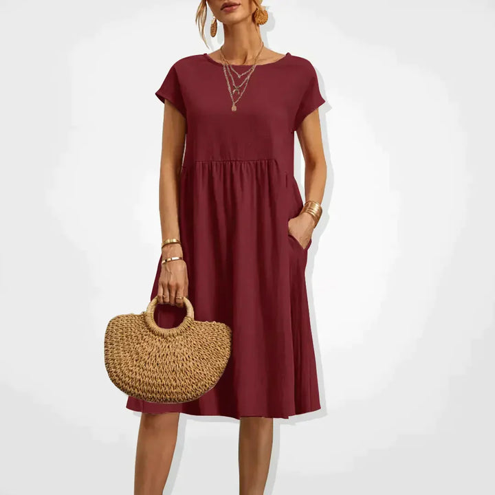 Women's Short-Sleeve Dress - Relaxed Fit - Empire Waist - Lightweight with Pockets