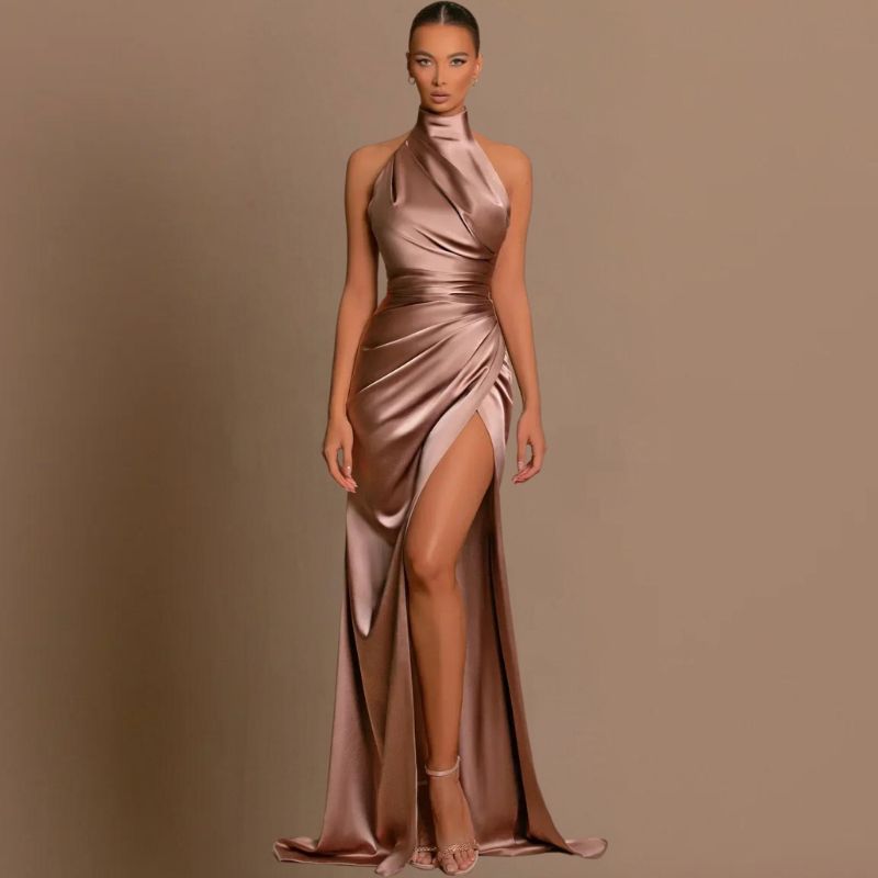 Women's Evening Gown - Halter Neck - Silky Fabric - Fitted Bodice - High Slit Elegant Dress
