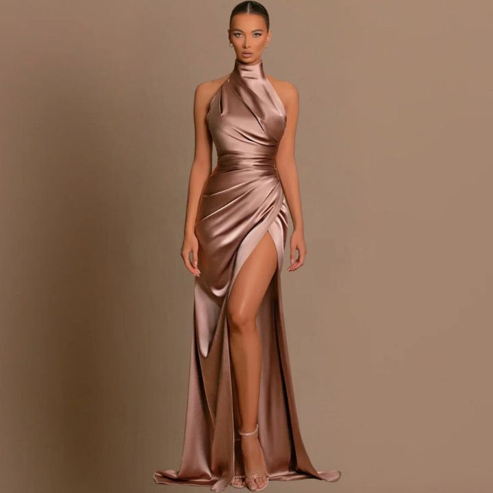 Women's Evening Gown - Halter Neck - Silky Fabric - Fitted Bodice - High Slit Elegant Dress