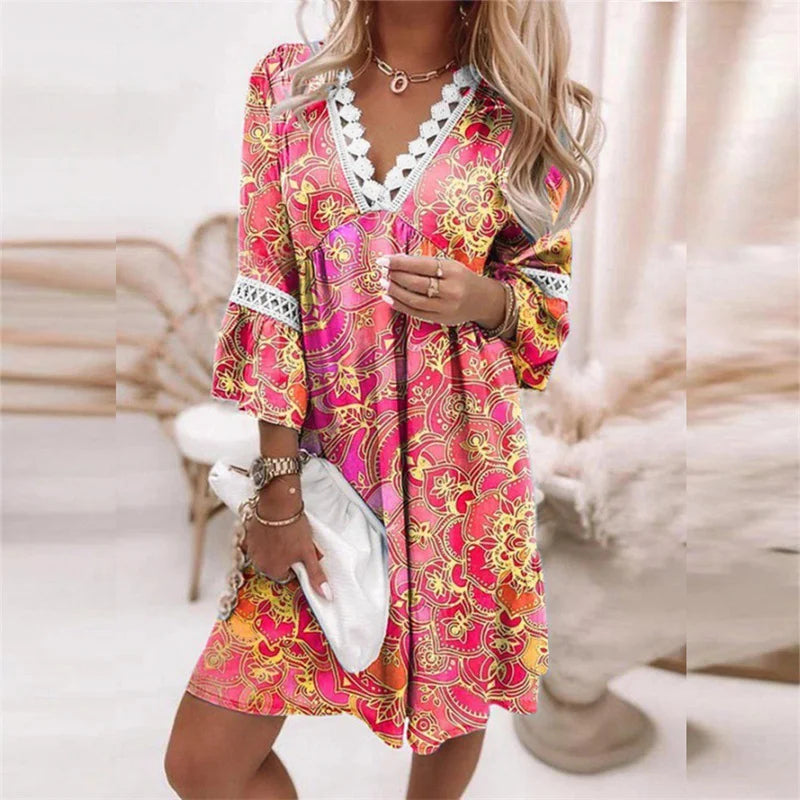 Women’s Knee-Length Dress – Relaxed Fit – V-Neck Lace Trim – Flared Sleeve – Floral Print – Breathable Blend