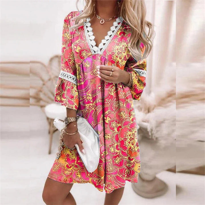 Women’s Knee-Length Dress – Relaxed Fit – V-Neck Lace Trim – Flared Sleeve – Floral Print – Breathable Blend