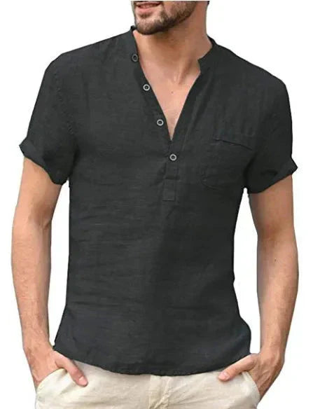 Men’s Short Sleeve Shirt – Natural Fibers – Regular Fit – Band Collar – Chest Pocket