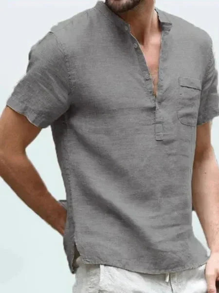 Men’s Short Sleeve Shirt – Natural Fibers – Regular Fit – Band Collar – Chest Pocket