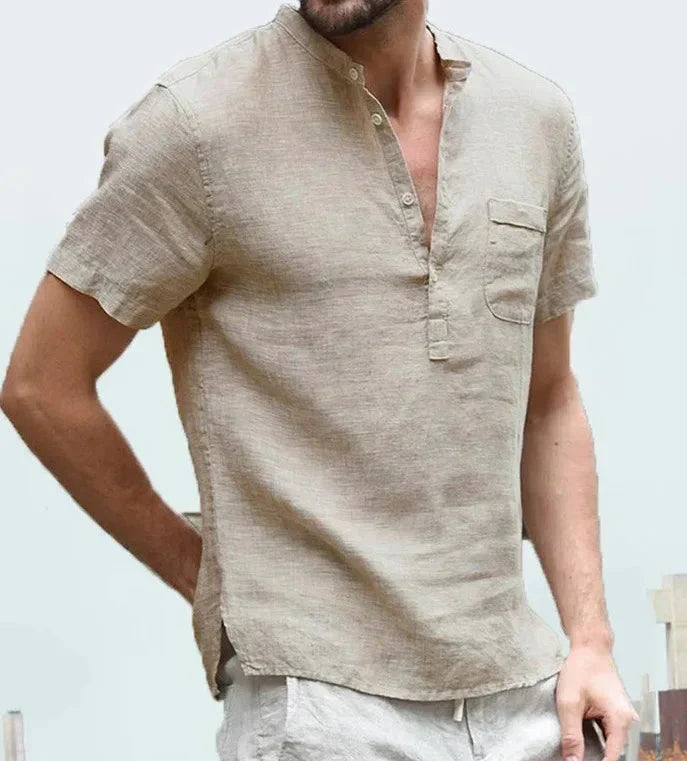 Men’s Short Sleeve Shirt – Natural Fibers – Regular Fit – Band Collar – Chest Pocket