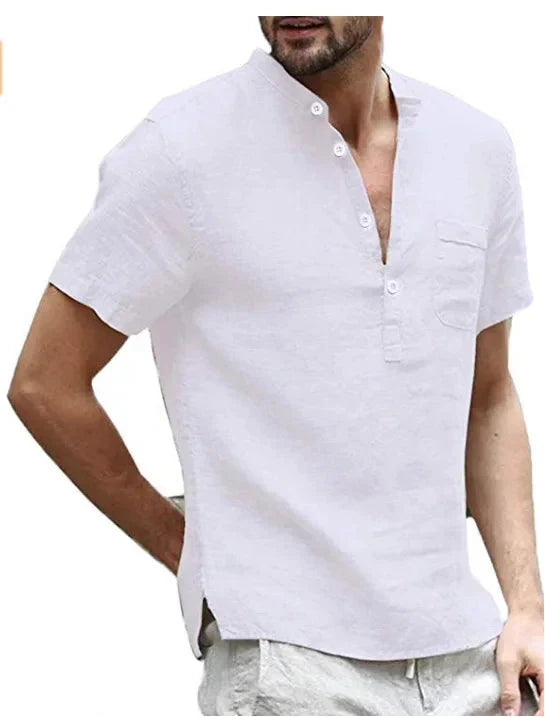 Men’s Short Sleeve Shirt – Natural Fibers – Regular Fit – Band Collar – Chest Pocket