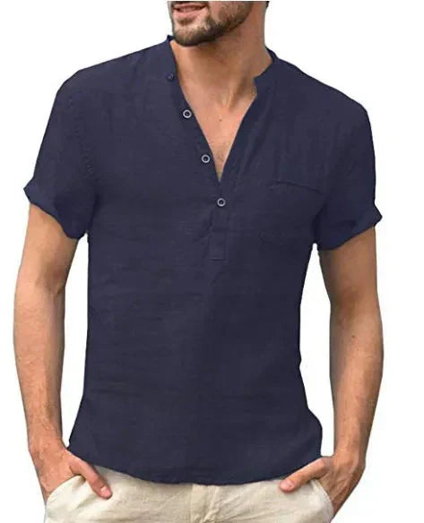 Men’s Short Sleeve Shirt – Natural Fibers – Regular Fit – Band Collar – Chest Pocket