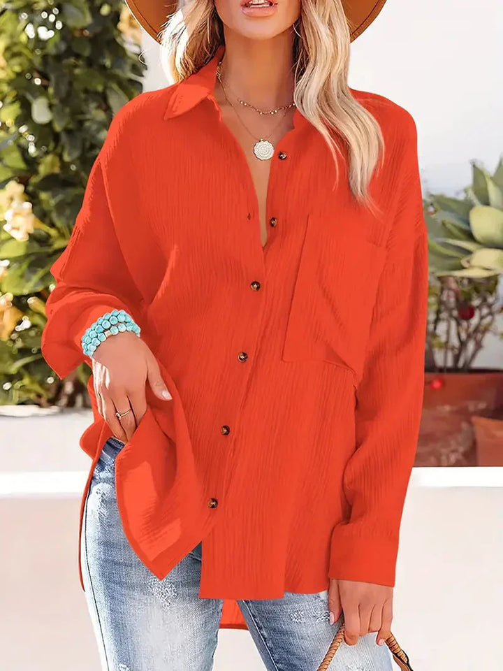 Women’s Blouse – Relaxed Fit – Crinkled Texture – Button Front – Casual Everyday Wear