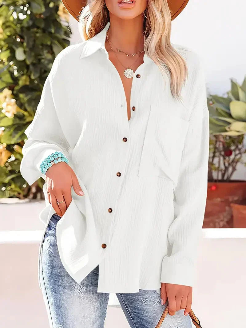 Women’s Blouse – Relaxed Fit – Crinkled Texture – Button Front – Casual Everyday Wear