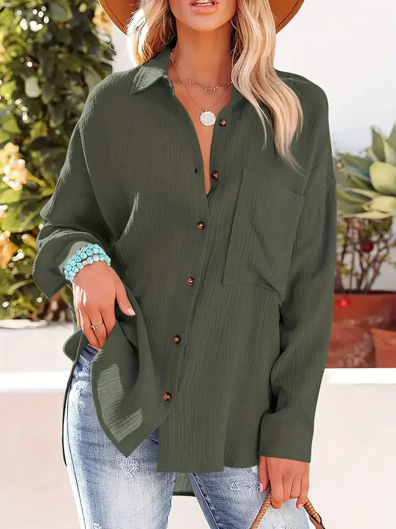 Women’s Blouse – Relaxed Fit – Crinkled Texture – Button Front – Casual Everyday Wear