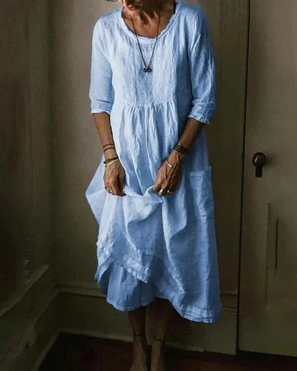 Women's Midi Dress - Loose Fit - Three-Quarter Sleeve - Flowing Bohemian Style