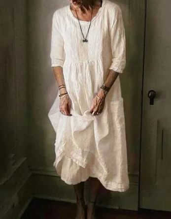 Women's Midi Dress - Loose Fit - Three-Quarter Sleeve - Flowing Bohemian Style