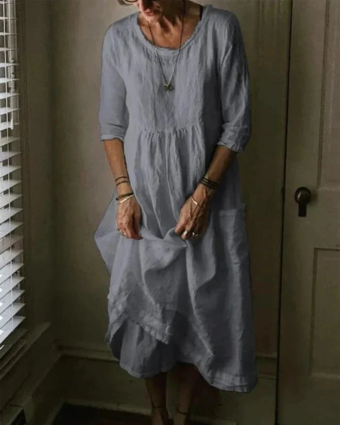 Women's Midi Dress - Loose Fit - Three-Quarter Sleeve - Flowing Bohemian Style