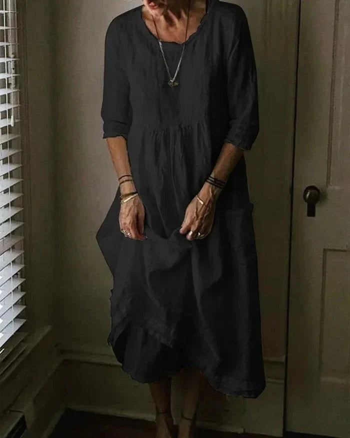 Women's Midi Dress - Loose Fit - Three-Quarter Sleeve - Flowing Bohemian Style