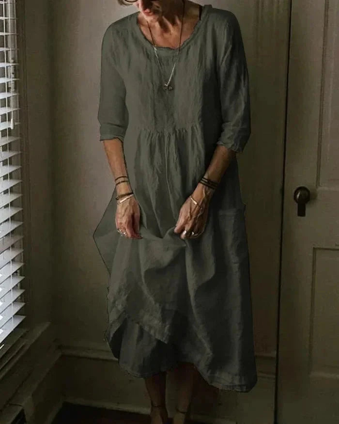Women's Midi Dress - Loose Fit - Three-Quarter Sleeve - Flowing Bohemian Style