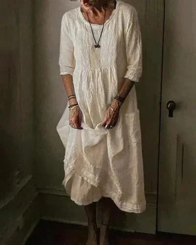 Women's Midi Dress - Loose Fit - Three-Quarter Sleeve - Flowing Bohemian Style