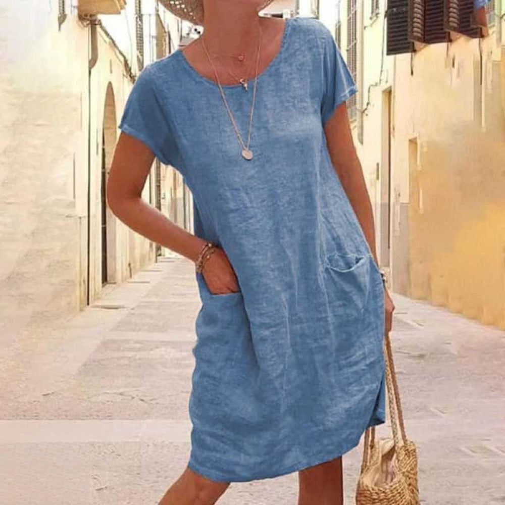 Women’s Knee-Length Dress – Relaxed Fit – Short Sleeve – Natural Fibers – Casual Style