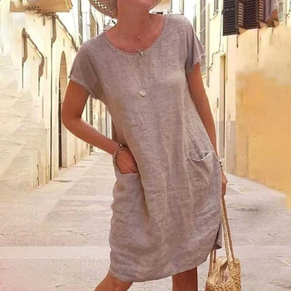Women’s Knee-Length Dress – Relaxed Fit – Short Sleeve – Natural Fibers – Casual Style