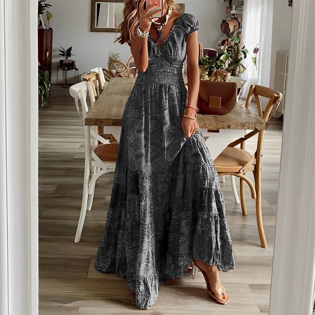 Women’s Maxi Dress – Flowing Fit – V-Neck – Short Sleeve – Tiered Skirt – Breathable Blend