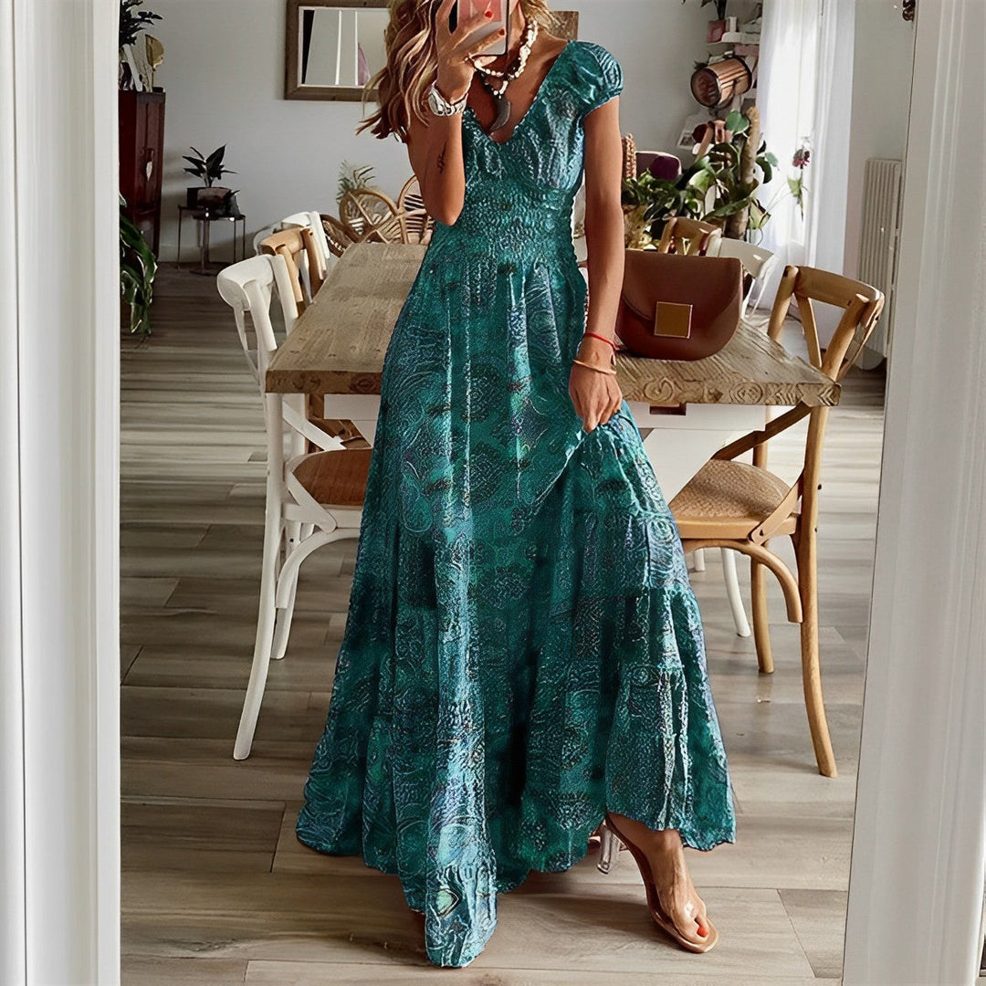 Women’s Maxi Dress – Flowing Fit – V-Neck – Short Sleeve – Tiered Skirt – Breathable Blend