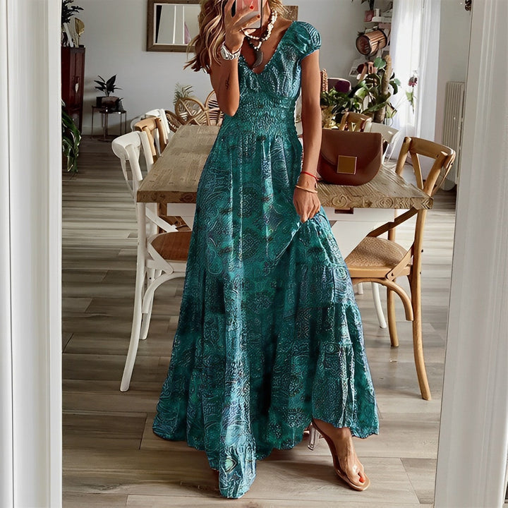 Women’s Maxi Dress – Flowing Fit – V-Neck – Short Sleeve – Tiered Skirt – Breathable Blend