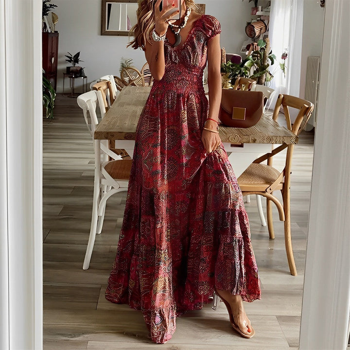 Women’s Maxi Dress – Flowing Fit – V-Neck – Short Sleeve – Tiered Skirt – Breathable Blend