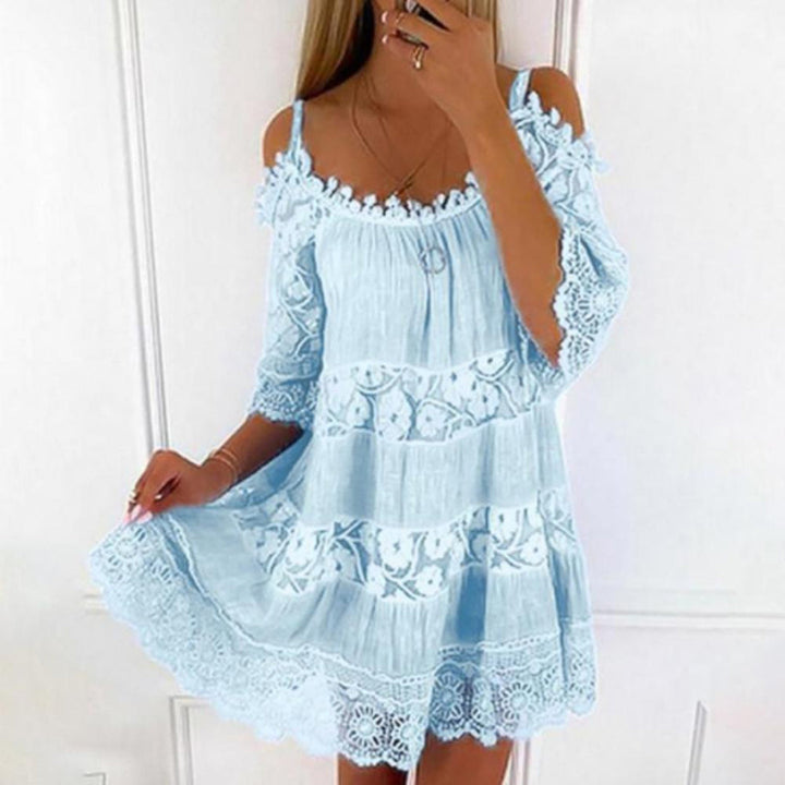 Women’s Off-Shoulder Dress – Flowy Fit – Lace Detailing – Breathable Blend Fabric