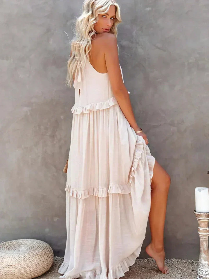 Women’s Maxi Dress – Sleeveless Low Back – Tiered Ruffle Skirt – Flowy Cotton Fit
