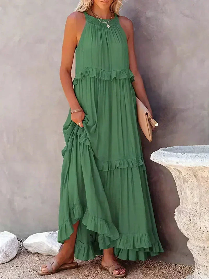 Women’s Maxi Dress – Sleeveless Low Back – Tiered Ruffle Skirt – Flowy Cotton Fit