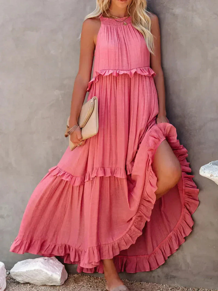 Women’s Maxi Dress – Sleeveless Low Back – Tiered Ruffle Skirt – Flowy Cotton Fit