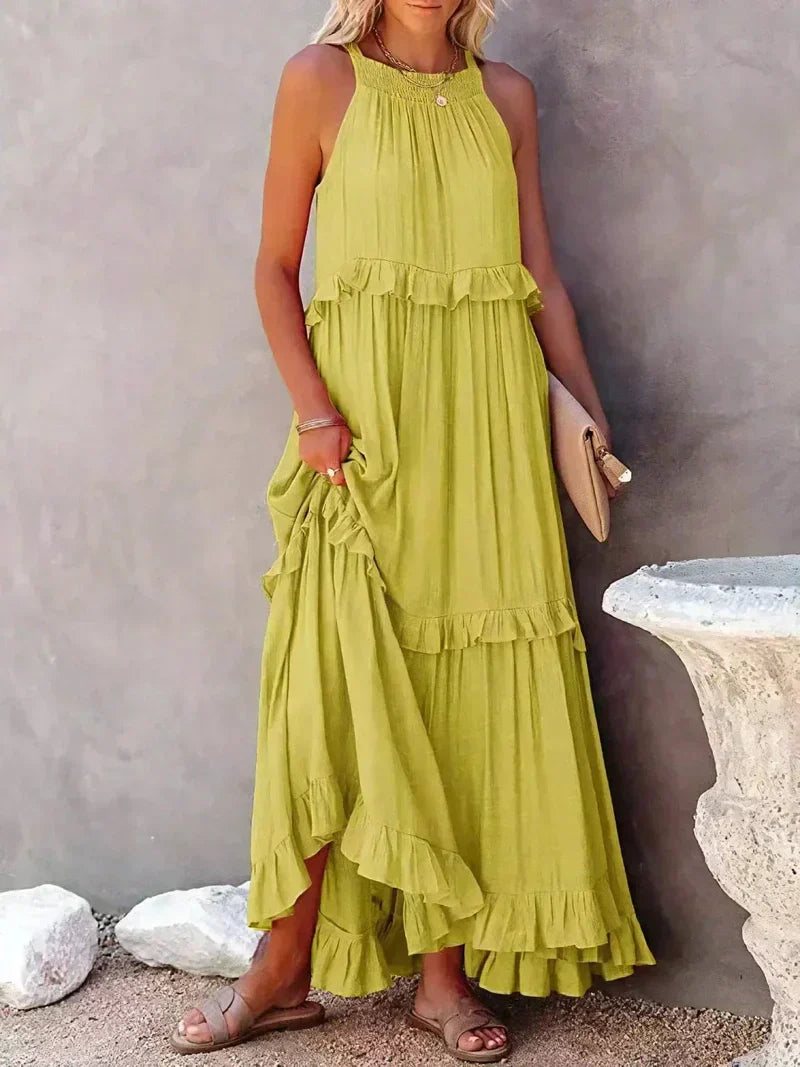 Women’s Maxi Dress – Sleeveless Low Back – Tiered Ruffle Skirt – Flowy Cotton Fit