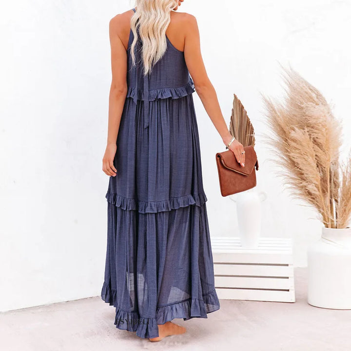 Women’s Maxi Dress – Sleeveless Low Back – Tiered Ruffle Skirt – Flowy Cotton Fit