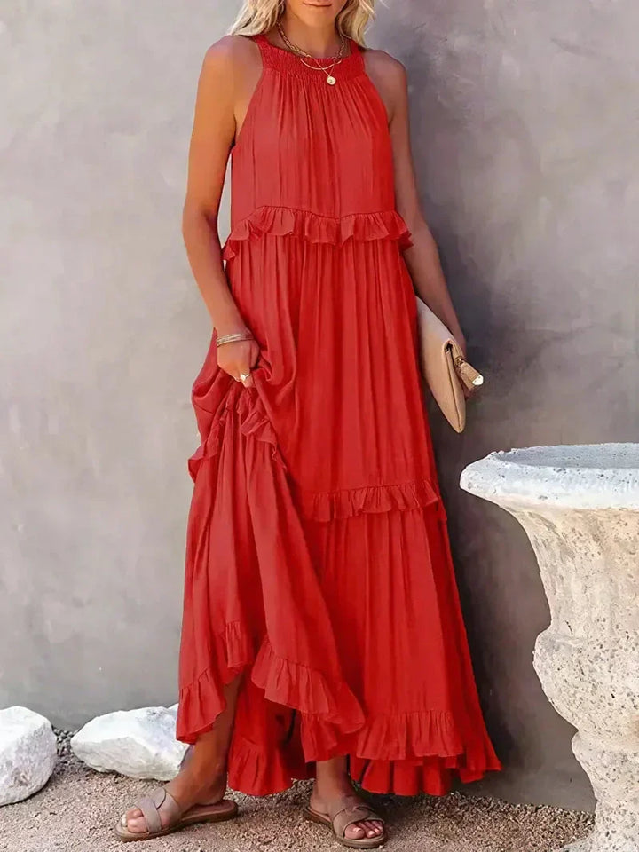 Women’s Maxi Dress – Sleeveless Low Back – Tiered Ruffle Skirt – Flowy Cotton Fit